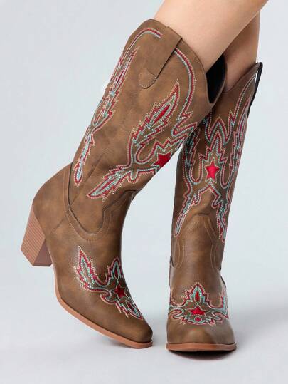 Fairycore Botas de vaquera de estilo informal con detalles de bloques de color y bordados, botas largas de estilo occidental para uso al aire libre