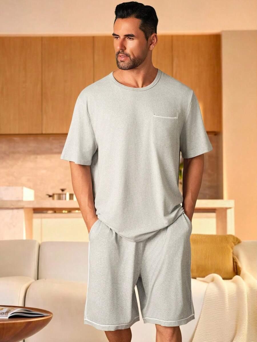 2 件套男士纯色圆领短袖口袋衬衫和短裤睡衣套装 - 淺灰色 - 查看 1