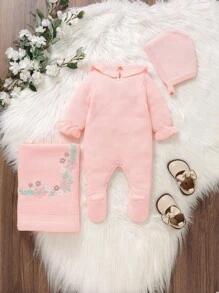 SHEIN Bộ trang phục sơ sinh 3 món cho bé gái: Bộ đồ liền thân thêu màu hồng, chăn đan, mũ - Màu Hồng baby - Xem 2