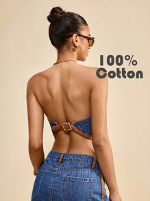 Muvela Women's Retro Denim Tops Sexy Backless Tube Top Suede Fabric Stitching Retro Street Style 100% Cotton Comfortable Denim Barn Style Tops Y2K Music Festival Fall - Medium Wash - View 1