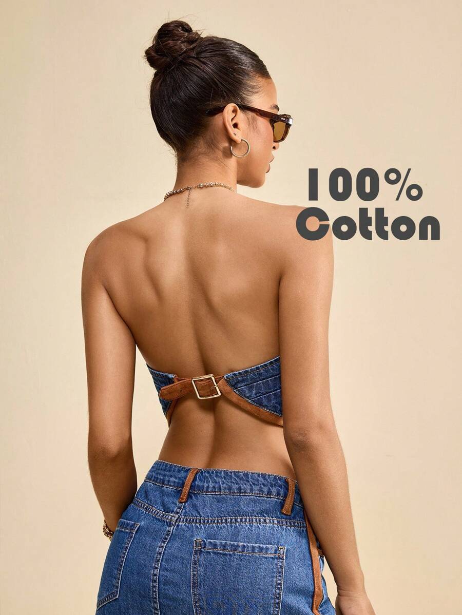 Muvela Women's Retro Denim Tops Sexy Backless Tube Top Suede Fabric Stitching Retro Street Style 100% Cotton Comfortable Denim Barn Style Tops Y2K Music Festival Fall - Medium Wash - View 1