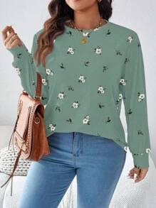 SHEIN LUNE Plus Size Women Loose Floral Print Round Neck Long Sleeve T-Shirt For Autumn & Winter - Green - View 4