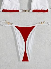 Swim Vcay Women's Summer Beach Circle Linked Sexy Bikini Bottom - Red and White - View 3