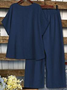 EMERY ROSE Plus Size Casual Loose Short Sleeve Top And Wide Leg Pants 2 Pieces Set - Blue - View 2