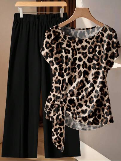 SHEIN Clasi Elegant 2pcs Set: Leopard Print Short Sleeve Shirt & Black Pants, Casual Vacation Outfit For Plus Size Women Suitable For Going Out,Holiday Outfits For Women