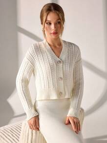 CLARA VERO Chunky Textured Knit V-Neck Button-Up Cardigan With Ribbed Hem And Cuffs In Cream White,Cardigans For Women,Long Cardigans Woman,Petite Cardigans,Cardigans - Apricot - View 5