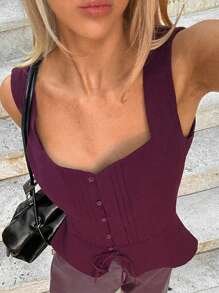 Siren Gaze 女式休闲纯色褶裥纽扣前系带衬衫 - 酒紅色 - 查看 5