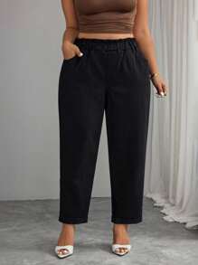 Elenzga Plus Size Women Frill Trim Waist Pocket Wide Leg Loose Casual Jeans - Black - View 6