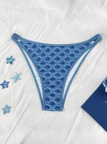 SHEIN 全新女式花卉侧高开叉性感比基尼泳裤，适合度假 - 藍色 - 查看 1