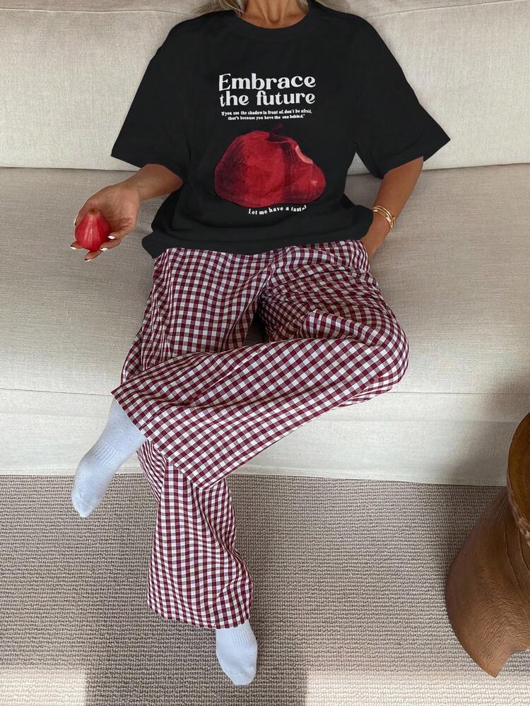 Women's Round Neck Loose Short Sleeve Top And Plaid Pants Elegant 2 Pieces Casual Vacation Set