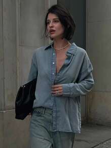 DAZY Women's Distressed Loose Denim Shirt Long Sleeve Top - Blue - View 5