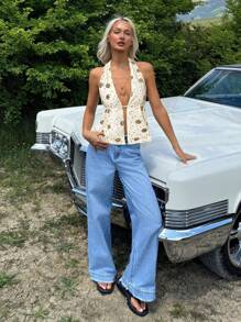 SHEIN EZwear 女士度假串珠露背短款上衣 - 杏色 - 查看 3