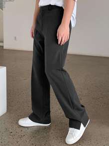 DAZY 男士纯黑色西装裤，踝开衩设计，秋季 - 深灰色 - 查看 6