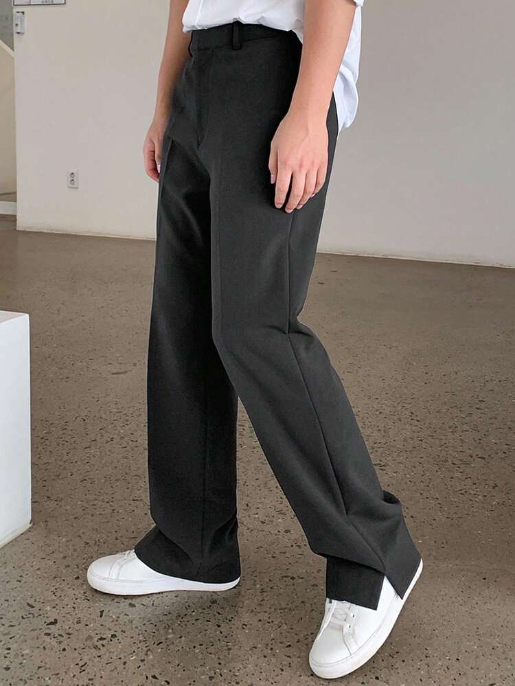 Men's Solid Black Suit Pants With Ankle Slit Design, Autumn