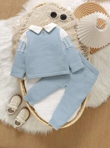 SHEIN 两件套绅士风毛衣套装，翻领套头毛衣和休闲裤针织男婴套装，男婴蓝色针织套装，蓝色针织婴儿套装，男婴两件套针织套装，男婴麻花针织毛衣套装，男婴两件套针织套装，男婴麻花针织套装，蓝色男婴毛衣套装，针织男婴蓝色套装，男婴针织套装，男婴长袖针织套装，蓝色两件套婴儿套装，男婴针织毛衣套装，男婴两件套套装，男婴长袖套装，秋冬季 - 藍色 - 查看 2