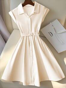 Elenzga Plus Size Women Elegant Collared Waist Cinched Solid Color Minimalist Dress, Suitable For Commute, Daily Wear, Dates, And Gatherings - White - View 3