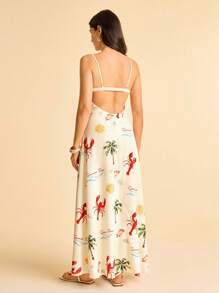 CAJUNI 女士海洋元素印花度假连衣裙，细肩带开叉腰露背设计，适合夏季度假