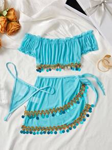 SHEIN 3pcs Set: Sexy Mesh Off Shoulder Sexy Lingerie Set With Golden Tassel Decor For Going Out - Baby Blue - View 6