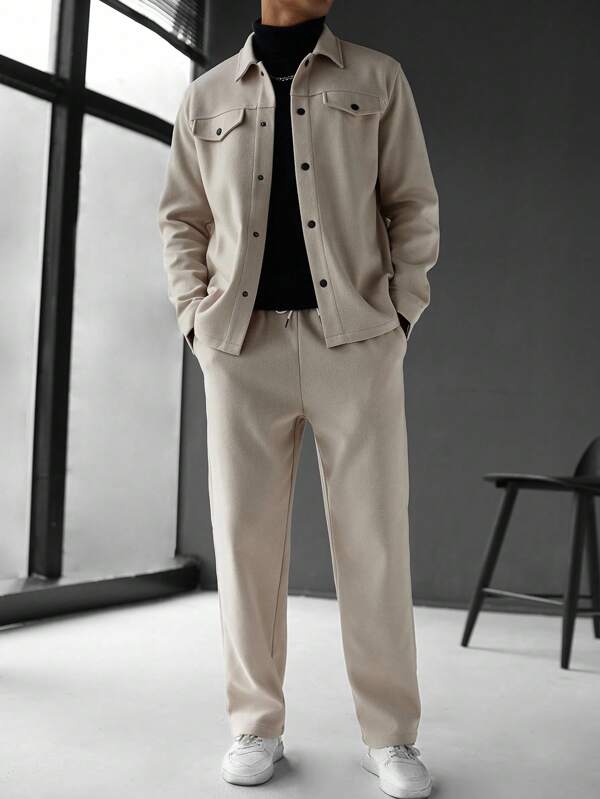 Manfinity Homme Men's Solid Color Long Sleeve Single-Breasted Jacket And Pants Casual Suit Set