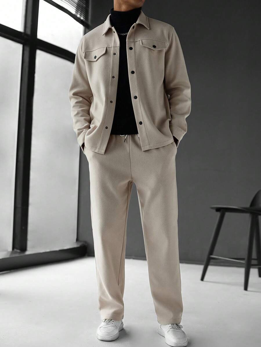 Manfinity Homme Men's Solid Color Long Sleeve Single-Breasted Jacket And Pants Casual Suit Set, Fall Clothes - Apricot - View 1