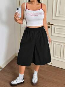 SHEIN EZwear Plus Size Green Loose Fit Casual Shorts,Fall Clothes For Women,Elegant Dresses For Women - Black and White - View 5