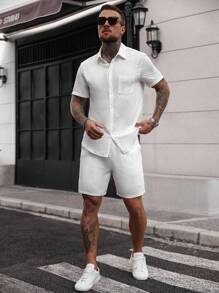 Manfinity CasualCool Bộ đồ nam gồm áo sơ mi ngắn tay và quần short đơn sắc tối giản hàng ngày, bộ đồ vải lanh trắng hai mảnh cho nam, bộ đồ nam hai mảnh mùa hè, bộ đồ quần short trắng hai mảnh cho nam - trắng - Xem 3