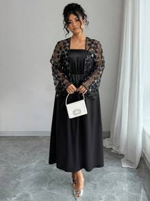 Elenzga Plus Size Summer Elegant Solid Color Camisole Dress And Rhinestone Mesh Jacket 2 Pieces Set Fall Cloth For Women - Black - View 7