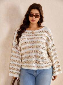 Elaquor Plus Size Striped Embroidered Floral Mixed Yarn Casual Loose Knit Pullover Sweater For Women Autumn Winter Clothes For Women Fall/Winter - White - View 1