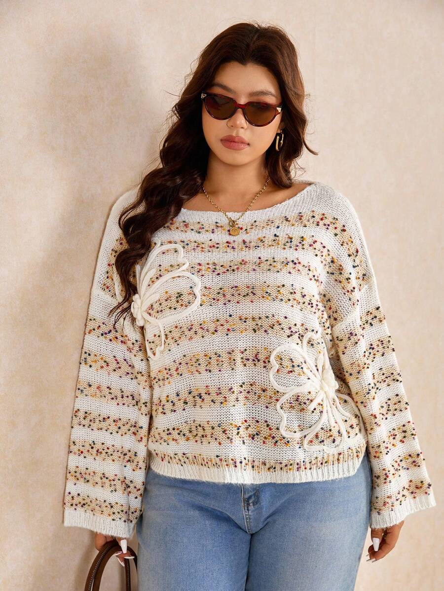 Elaquor Plus Size Striped Embroidered Floral Mixed Yarn Casual Loose Knit Pullover Sweater For Women Autumn Winter Clothes For Women Fall/Winter - White - View 1