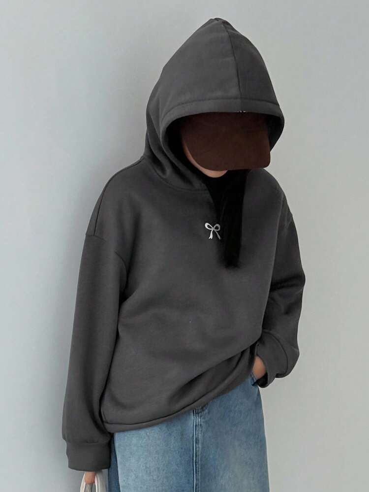 Tween Girls Hooded Knit Thermal Lined Sweatshirt With Bow Print, Autumn