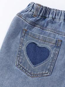 Teen Girls' Embroidered Heart Back Washed Blue Denim Shorts, Youthful Sweet Fashion Energetic - Medium Wash - View 3