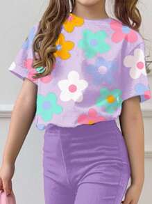 SHEIN Bộ 2 món/Bộ đồ liền thân cổ tròn tay ngắn họa tiết hoạt hình thường ngày cho bé gái, phù hợp cho mùa hè - Nhiều màu - Xem 3