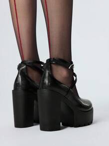 ROMWE Giày Mary Jane phong cách Punk Rock Gothic tối màu dành cho nữ, mũi kín, quai chéo, gót dày, khóa cài, giày đồng phục JK Nhật Bản, đế xuồng chống thấm nước, giày cao gót công sở trang trọng, giày Halloween - màu đen - Xem 5