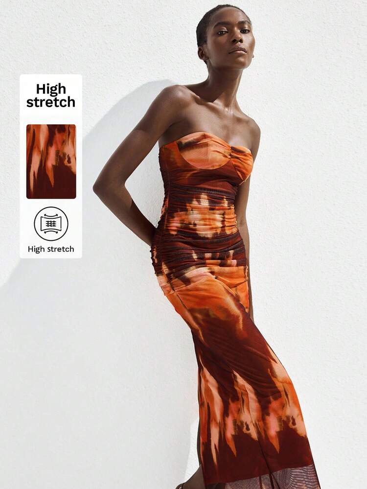 SHEIN Maija Women Orange Tie-Dye Allover Print Tube Top Maxi Dress, Sexy Open Back, Fashion Elegant Holiday Party Casual Vacation Western Wear Women 2000s