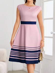 Ellevyn Đầm midi thanh lịch cổ tròn tay ngắn cạp chun cho nữ dáng chữ A in họa tiết khối màu co giãn, thích hợp mặc hàng ngày, mùa xuân/hè - Nhiều màu - Xem 2