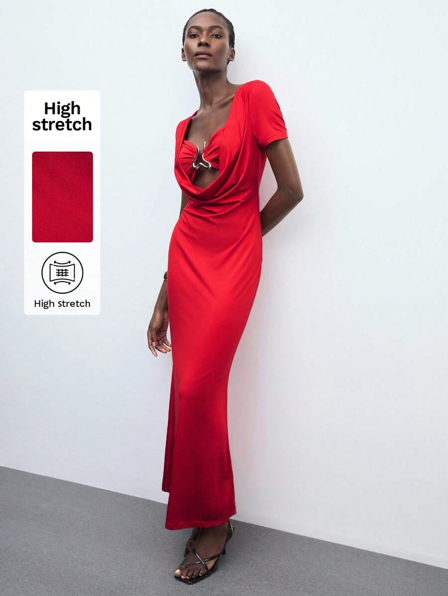 Maija 女士红色无袖镂空金属装饰性感优雅夏季连衣裙，适合生日、节日派对、庆典宾客、教堂、正式场合及乡村音乐会等场合穿着。