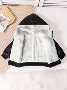 SHEIN 1Pc Infant And Toddler Boys Kids Letter Patched Detail Teddy Lined Fuzzy Full-Zip Jacket Winter Warm Coats With Pockets Hooded Outwear(6mths-3yrs) , Suitable For Outdoor, Daily Wear, Travel Toddler Boy Winter Clothes Kids Boys Winter Outfits Baby Boy Quilted Jacket Baby Boy Winter Jacket Baby Boy Jacket Toddler Boy Winter Coat Boy Winter Jacket Toddler Boy Black Jacket Fall