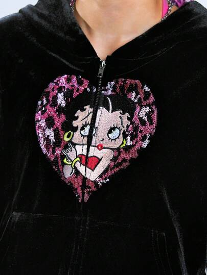 Betty Boop | ROMWE Y2K Style Sweet & Spicy Betty Heart Embroidery Sequin Pink Leopard Heart Velvet Sweatshirt For Women