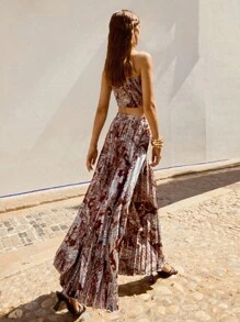 Maija Bộ đồ hai mảnh gồm áo ống ngắn in họa tiết Paisley và chân váy xếp ly dành cho nữ, thích hợp cho kỳ nghỉ hè ở bãi biển, bộ chân váy xếp ly, bộ váy maxi hai mảnh, trang phục lễ hội, trang phục nghỉ dưỡng. - Nhiều màu - Xem 2