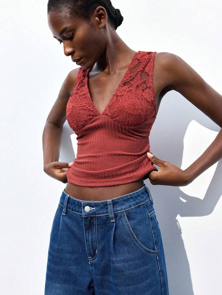 SHEIN Maija Women's Elegant Solid Color Lace Patchwork Tank Top Summer Crop Tops Cute Tops Going Out Tops Women Office Sexy Top Birthday Club Sexy Christmas Top