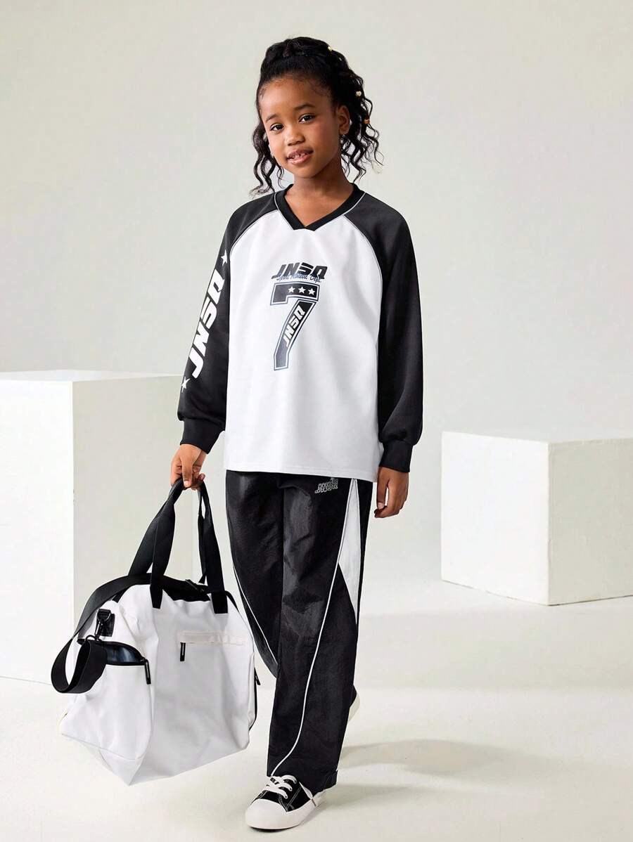 JNSQ Back To School Clothes, Tween Girls And Boys Casual Sports Long Sleeve Sweatshirts, Children V-Neck Contrast Color Reflective Tape Front Funny Number Print Long Sleeve Sweatshirts - Multicolor - View 1