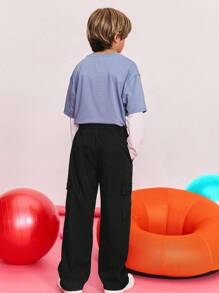 SHEIN 青少年男孩休闲舒适中腰工装口袋长裤 - 黑色 - 查看 4