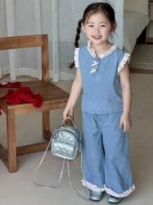 Dazy Kids 2pcs Young Girls Lace Patchwork Sleeveless Top And Wide Leg Jeans Pants Set - Light Wash - View 4