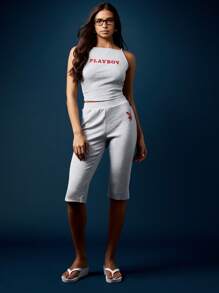 Missguided x Playboy Ribbed Tank Top Capri Pants Two-Piece Summer Lounge Set With Logo Print Casual Leisure Sleeveless Matching Outfit For College Festival Streetwear - Grey - View 2