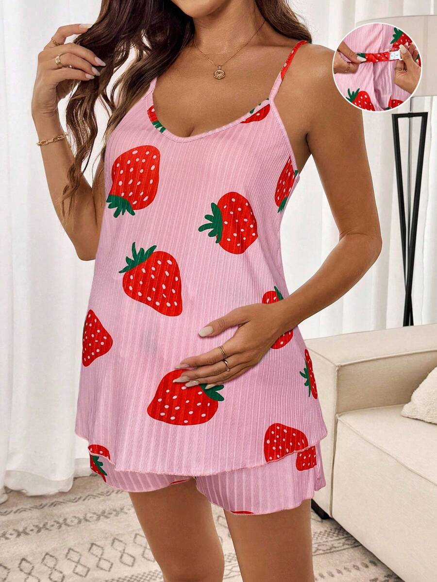 SHEIN 2pcs Maternity Strawberry Print Camisole Top And Adjustable Waist Shorts Casual Set