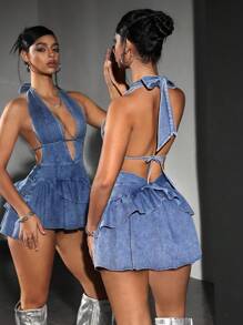 SHEIN PETITE 女式性感深V领荷叶边下摆露背牛仔连衣裙 - 藍色 - 查看 2