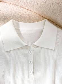 Franclia Nueva camiseta sin mangas de punto con cuello polo de ajuste ceñido para mujer, suéter de punto blanco para la universidad - Blanco - Ver 3