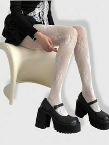 ROMWE Kawaii White Floral High Elasticity Fishnet Pantyhose - White - View 3