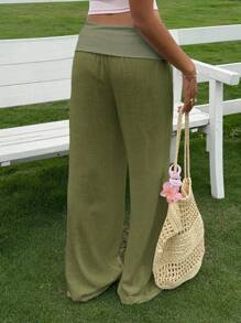 SHEIN EZwear Women's Casual Army Green Low-Rise Wide Leg Pants - Army Green - View 2