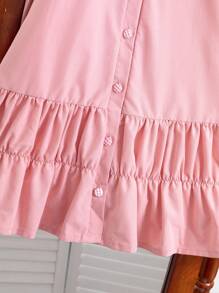 Robe d'été décontractée pour jeune fille avec patchwork à carreaux et manches bouffantes - Rose bonbon - Voir 5